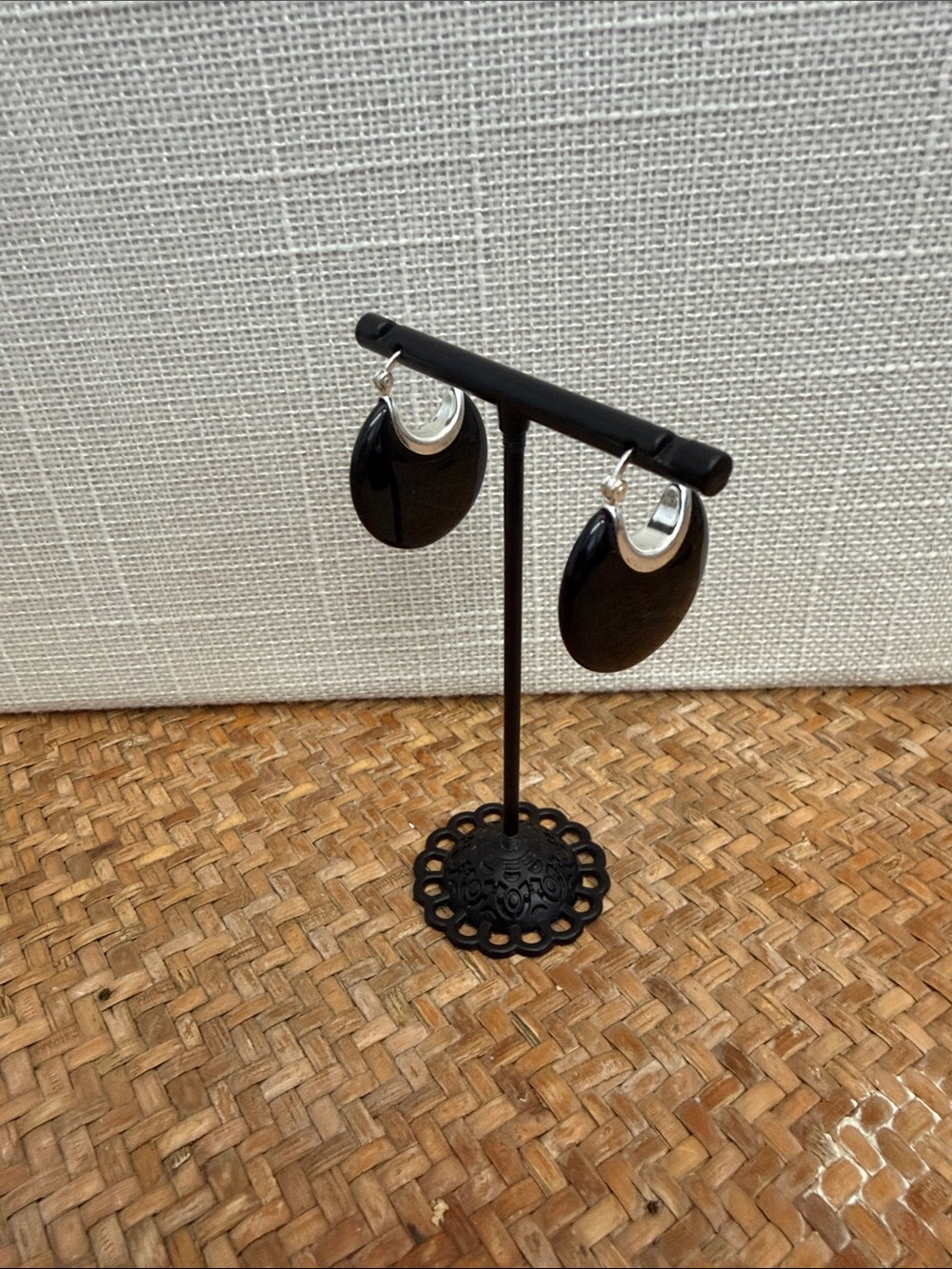 Sterling Silver and Black Hoop Earrings